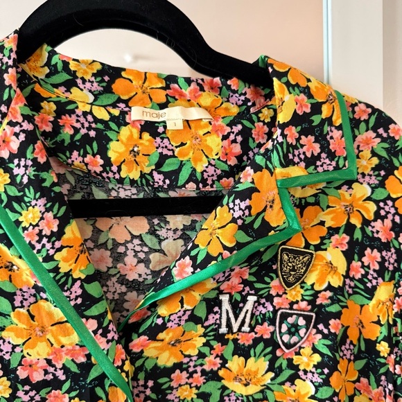 Maje Cikael Piped Floral-Motif Shirt Size 1 Color Yellow Green - Picture 2 of 4
